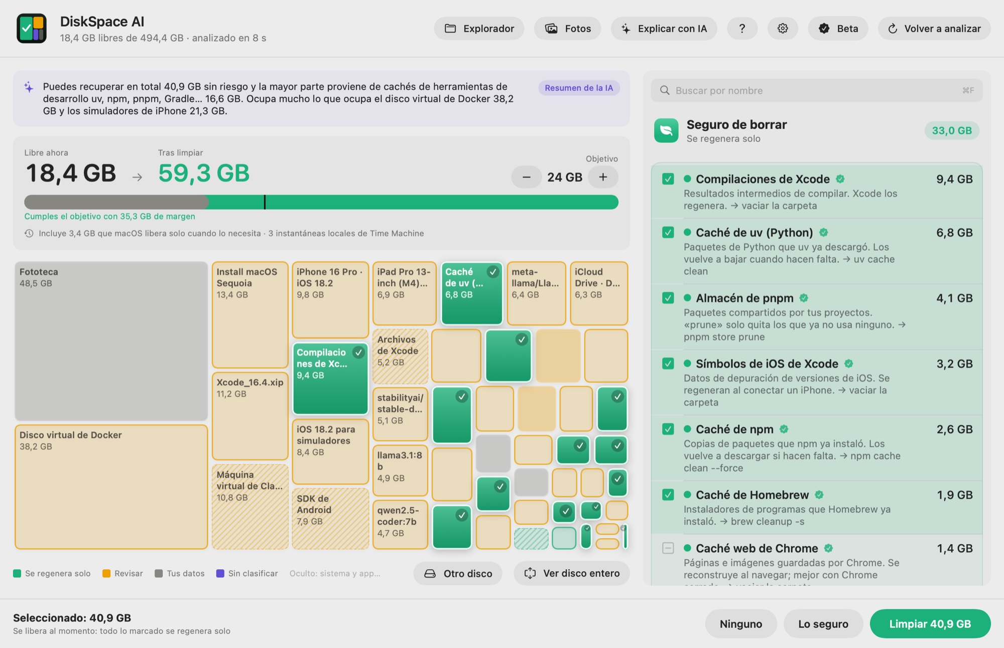 Ventana de DiskSpace AI: mapa del disco coloreado por seguridad, medidor de espacio libre y lista de lo que se puede limpiar